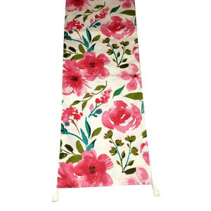 Bold Watercolor Floral Table Runner White Pink Teal Olive 72 x 13.25" India